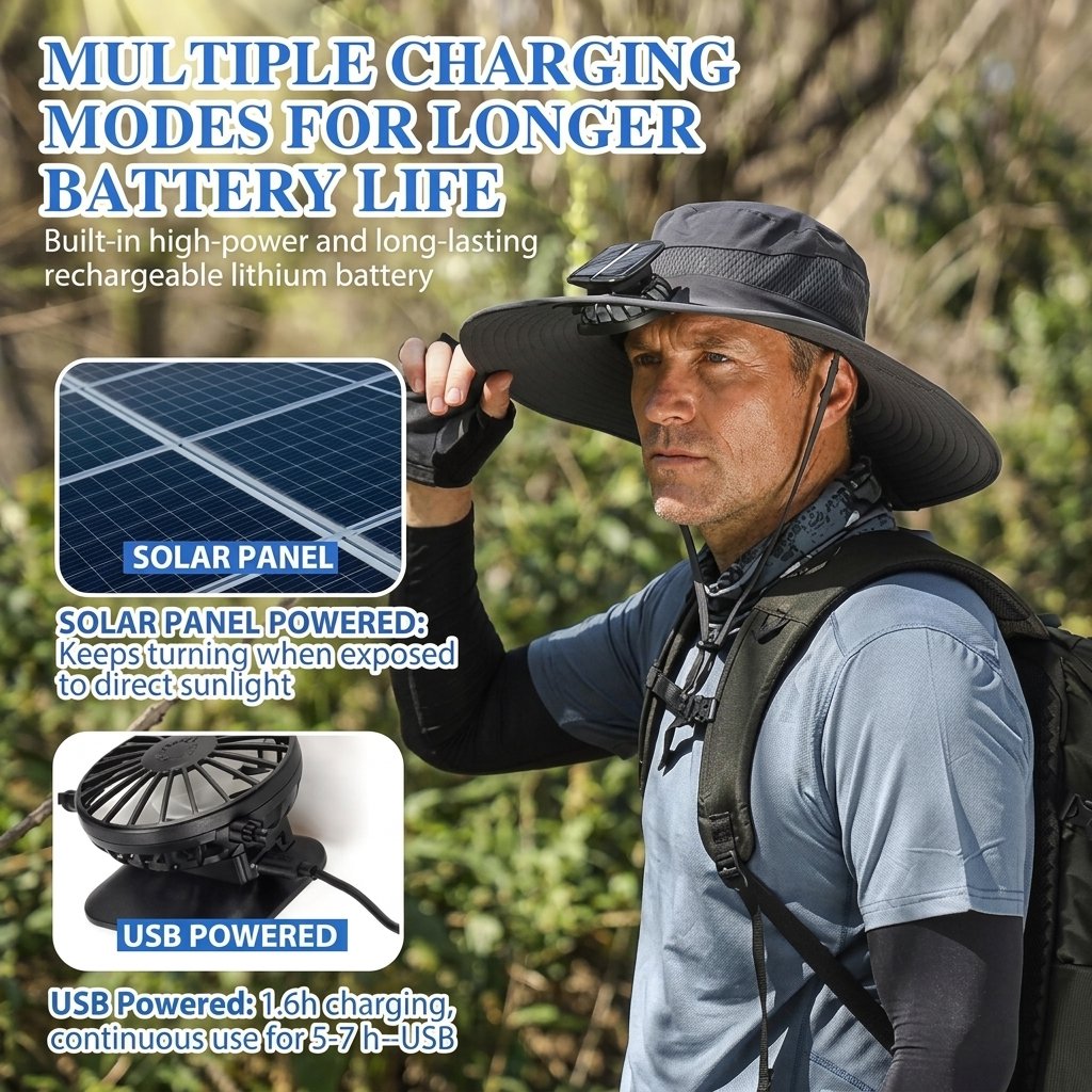 🔥Father’s Day 49% OFF - Wide Brim Solar Fan Outdoor Fishing Hat-Solar & USB Charging